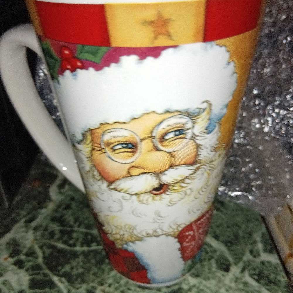Festive Colorful Porcelain Santa Claus Mug. 7" Tall